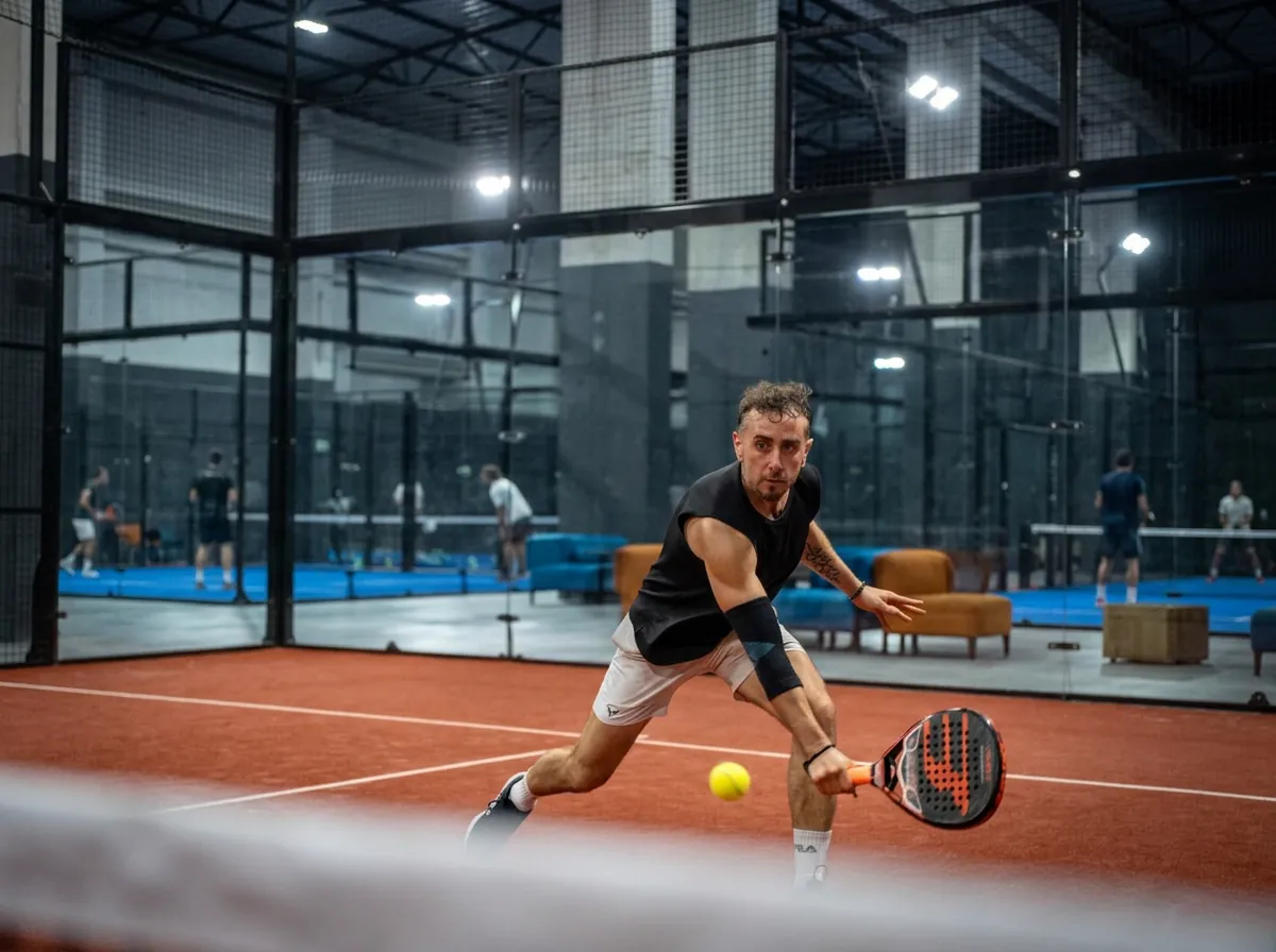 Padel player hitting a forehand on an indoor court in Moldova